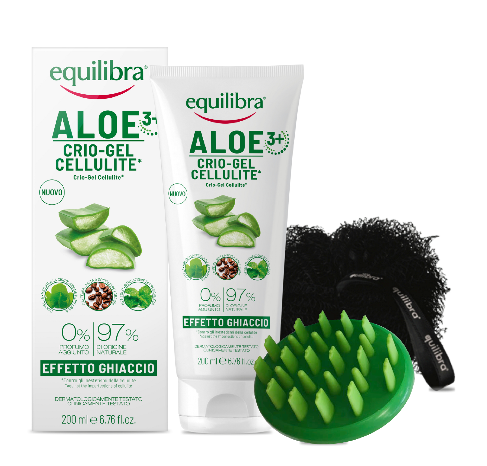 EQUILIBRA chłodzący żel antycellulitowy 200 ml ALOES + masażer i gąbka